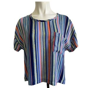 Lush Women’s Multicolored Striped Chiffon Chest Pocket Top Blouse Size Small